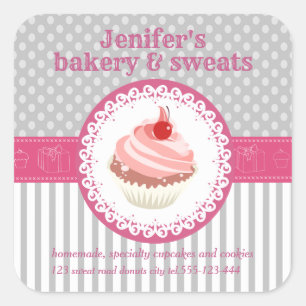 Vintage cupcakes bakery polka dots stripes square sticker