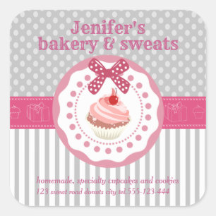 Vintage cupcakes bakery polka dots stripes square sticker