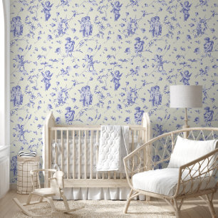 Vintage Cupid Angels Floral Baby Blue Toile Wallpaper