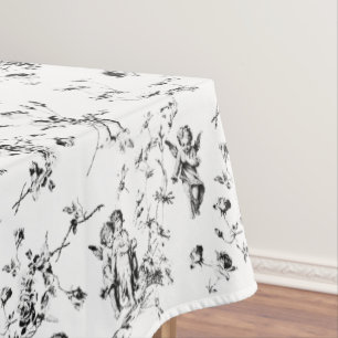 Vintage Cupid Angels Floral Black White Toile Tablecloth