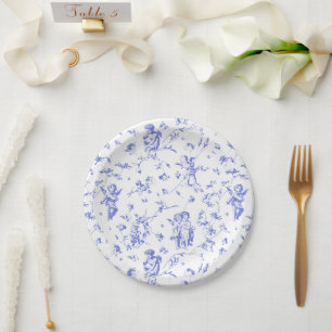 Vintage Cupid Angels Floral Blue White Toile Paper Plate