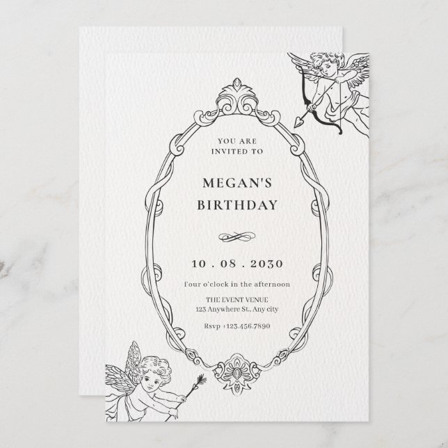 Vintage cupid baroque frame art birthday invitation (Front/Back)
