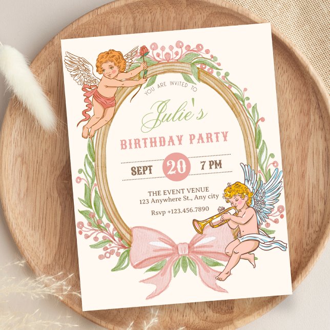 Vintage cupid floral bow birthday invitation (Creator Uploaded)