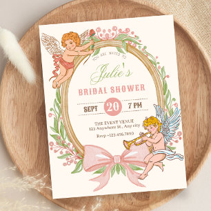 Vintage cupid floral bow bridal shower invitation