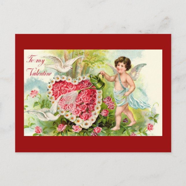 Vintage Cupid watered flowers heart Postcard (Front)