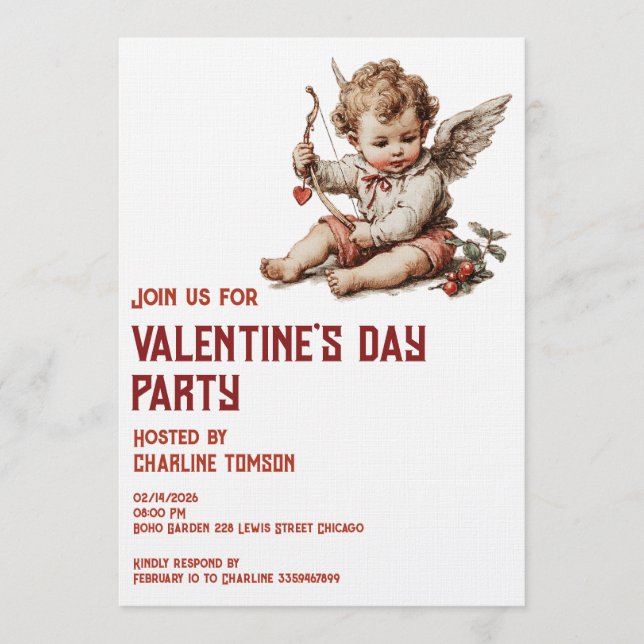 Vintage Cupid With Heart Bow Invitation (Front)