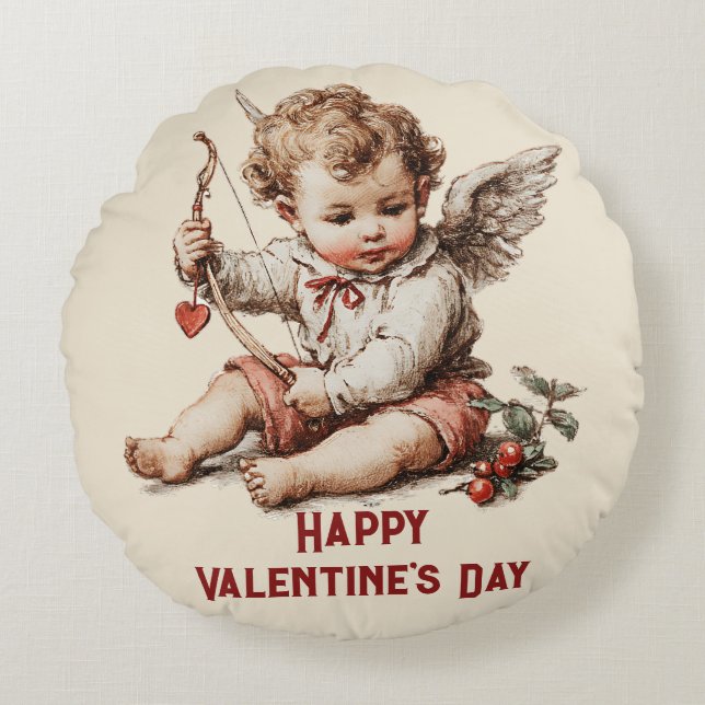 Vintage Cupid With Heart Bow Round Cushion (Front)