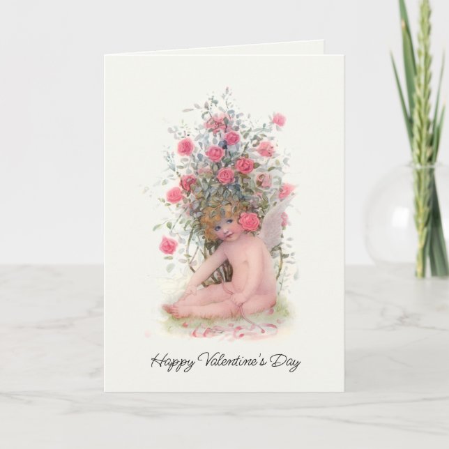 Vintage Cupid with Pink Roses Valentine Holiday Card (Front)