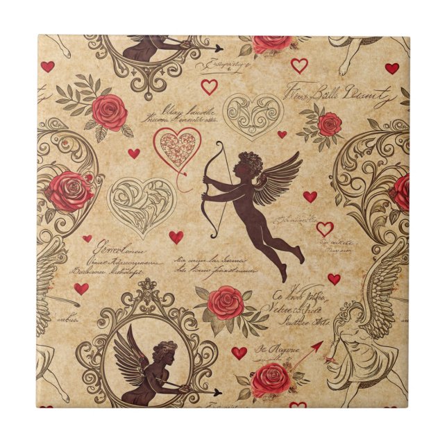 Vintage Cupid's Romantic Pattern (10) Ceramic Tile (Front)