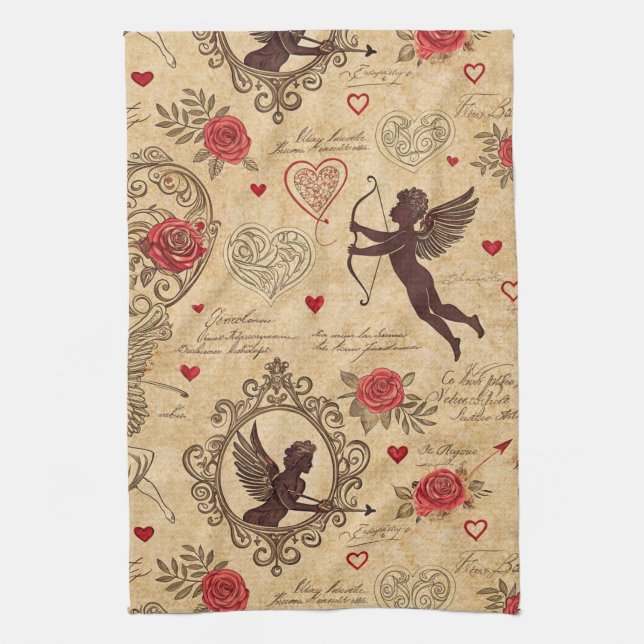Vintage Cupid's Romantic Pattern (10) Tea Towel (Vertical)