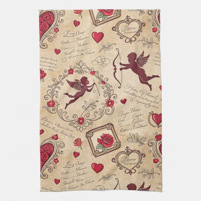 Vintage Cupid's Romantic Pattern (2) Tea Towel (Vertical)