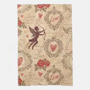 Vintage Cupid's Romantic Pattern (3) Tea Towel