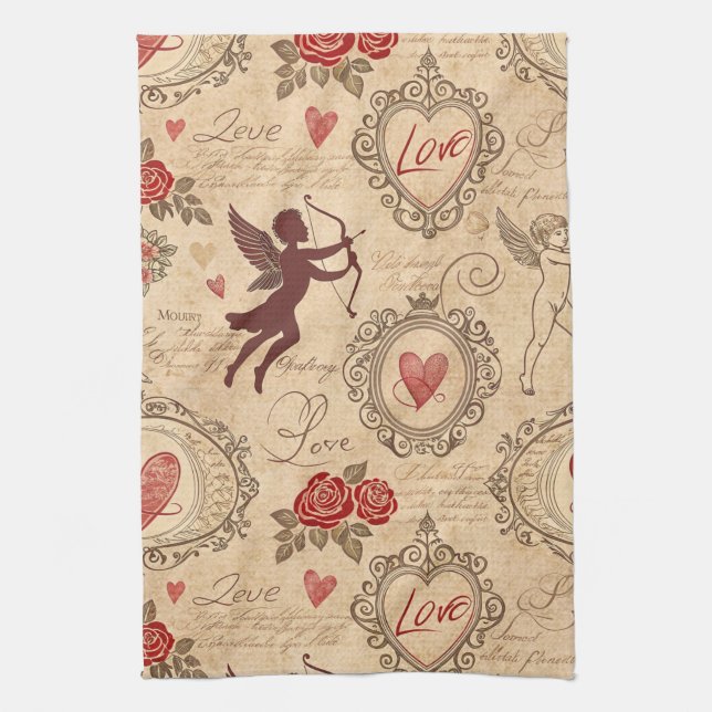 Vintage Cupid's Romantic Pattern (3) Tea Towel (Vertical)
