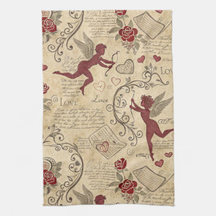 Vintage Cupid's Romantic Pattern (5) Tea Towel