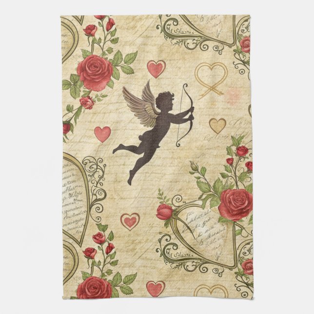 Vintage Cupid's Romantic Pattern (7) Tea Towel (Vertical)