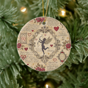 Vintage Cupid's Romantic Pattern (9) Ceramic Ornament