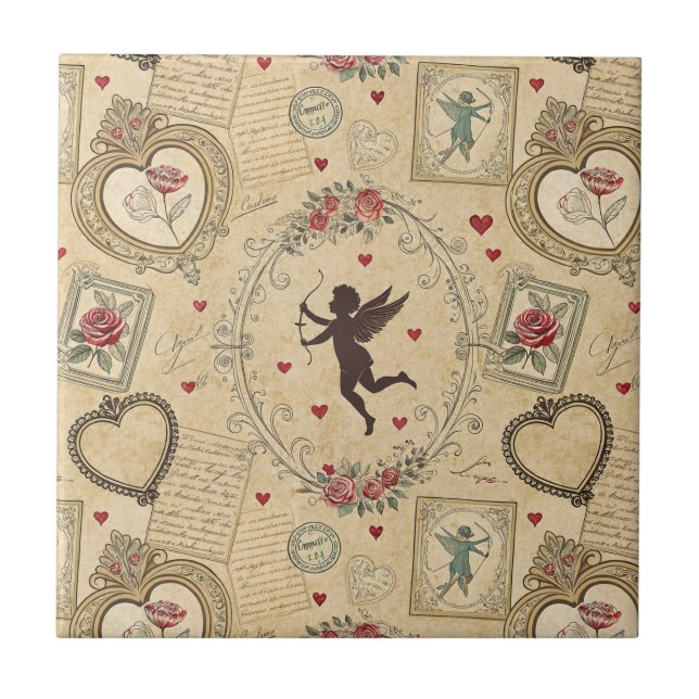 Vintage Cupid's Romantic Pattern Ceramic Tile (Front)