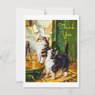 Vintage Curious Kittens Butterfly Art Thank You