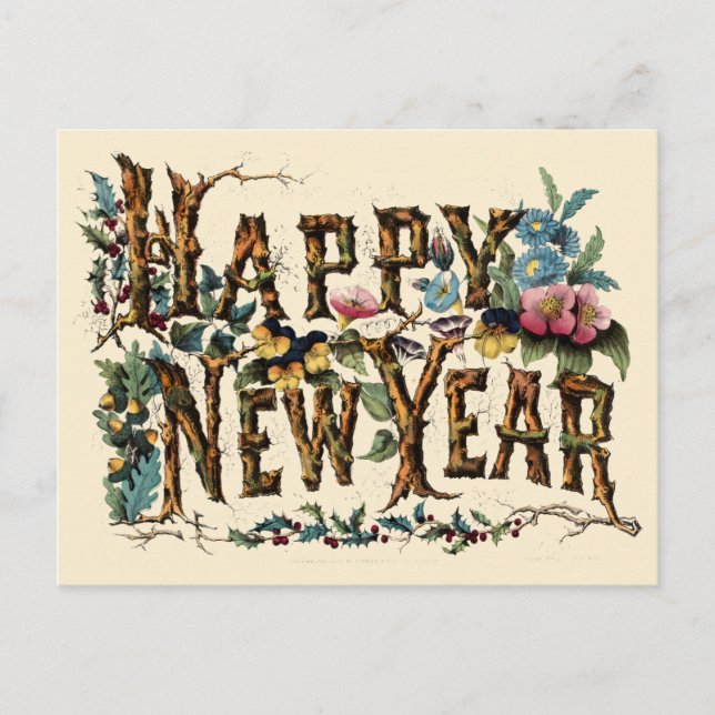 Vintage Currier & Ives 1876 "Happy New Year" Postcard (Front)
