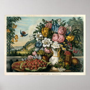 Vintage Currier & Ives Fruit And Flowers Landscape Poster