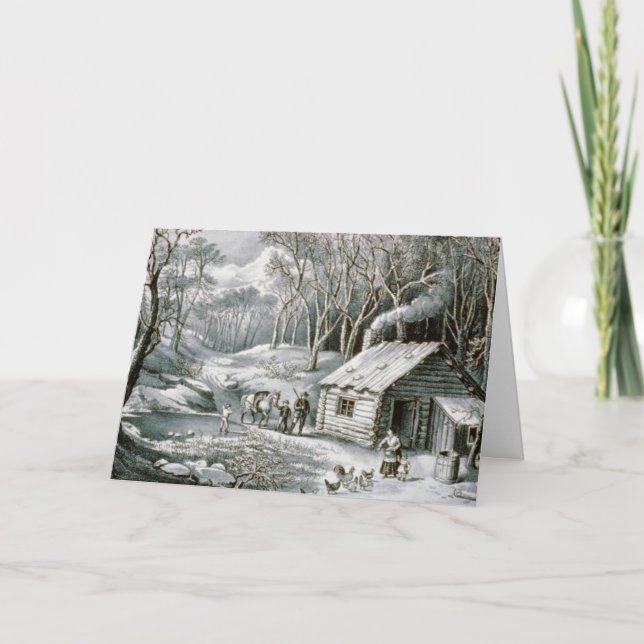 Vintage Currier & Ives Log Cabin Holiday Christmas Card (Front)