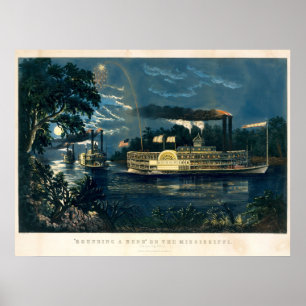 Vintage Currier & Ives Steamboats in Moonlight Poster