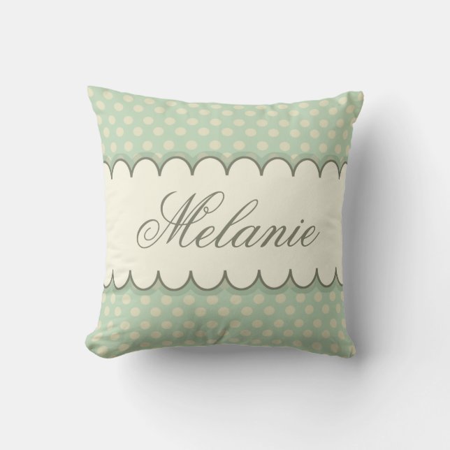 Vintage Custom Personalised Mint Green Polka Dots Cushion (Front)