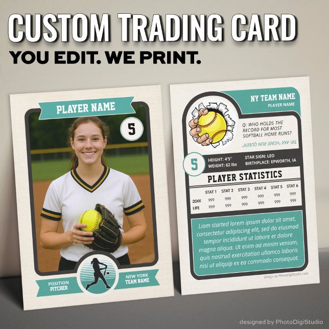 Vintage Custom Softball Trading Card, Teal Player Calling Card (Vintage Custom Softball Trading Card, Teal Player Card)