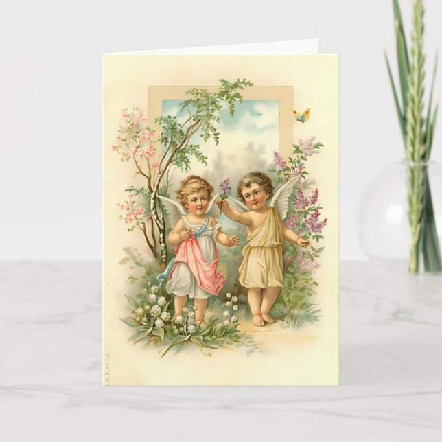 Vintage Cute Angels Christmas Custom Message Card (Front)