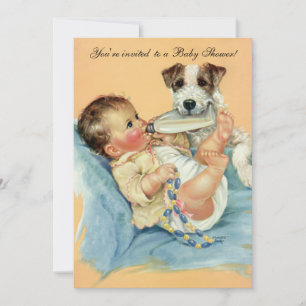 Vintage Cute Baby Bottle Puppy Dog, Baby Shower Invitation