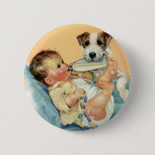 Vintage Cute Baby Boy with Bottle and Puppy Dog 6 Cm Round Badge