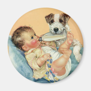 Vintage Cute Baby Boy with Bottle and Puppy Dog Magnet