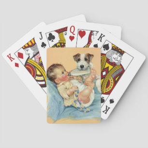 Vintage Cute Baby Boy with Bottle and Puppy Dog Playing Cards