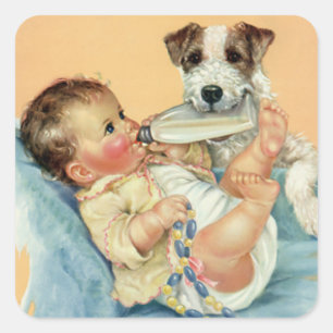 Vintage Cute Baby Boy with Bottle and Puppy Dog Square Sticker