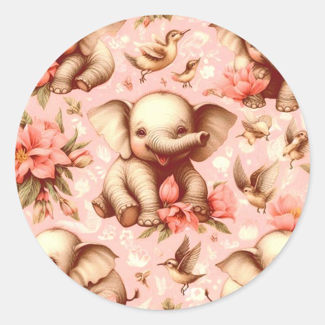 Vintage Cute Baby Elephant Pattern Classic Round Sticker (Front)