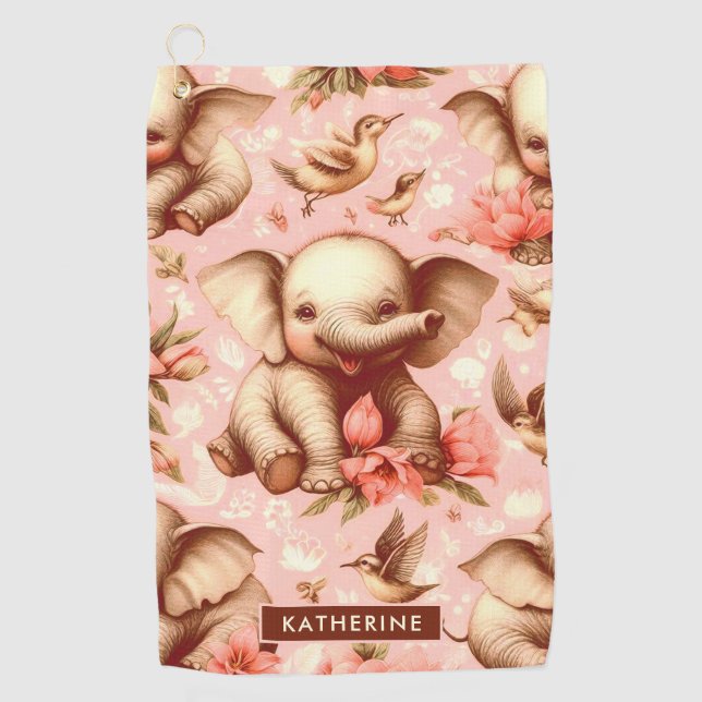 Vintage Cute Baby Elephant Pattern Golf Towel (Front)