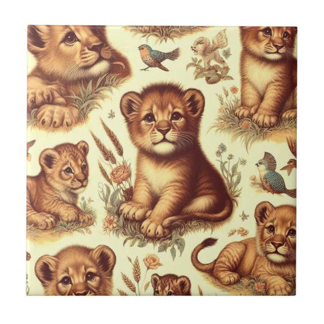 Vintage Cute Baby Lion Pattern Ceramic Tile (Front)