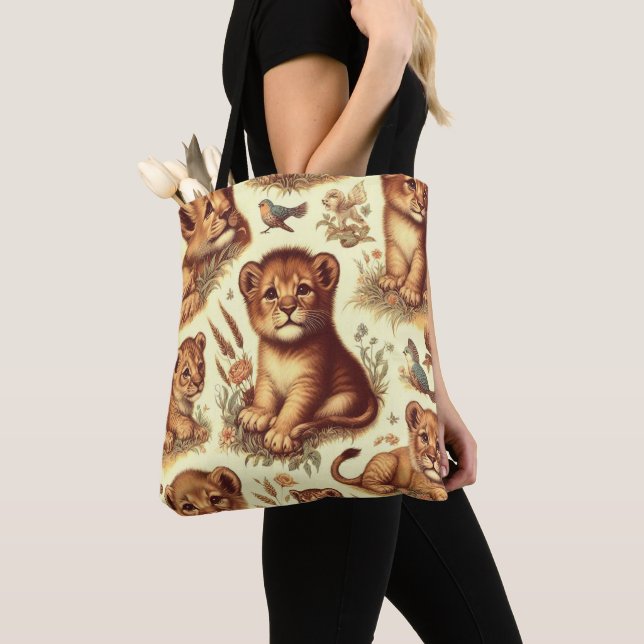 Vintage Cute Baby Lion Pattern Tote Bag (Close Up)