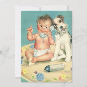 Vintage Cute Baby Phone Puppy Dog Baby Shower Invitation