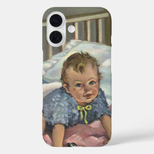 Vintage Cute Baby Playing in Crib, Child Nap Time iPhone 16 Case