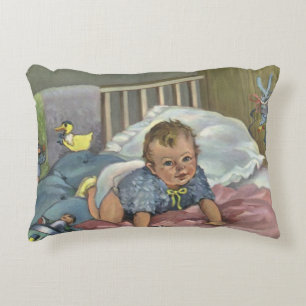 Vintage Cute Baby Playing in Crib, Child Nap Time Decorative Cushion