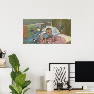 Vintage Cute Baby Playing in Crib, Child Nap Time Poster