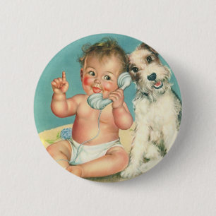 Vintage Cute Baby Talking on Phone Puppy Dog 6 Cm Round Badge