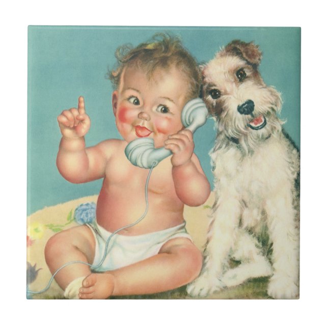 Vintage Cute Baby Talking on Phone Puppy Dog Ceramic Tile (Front)