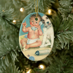 Vintage Cute Baby Talking on Phone Puppy Dog Ceramic Tree Decoration