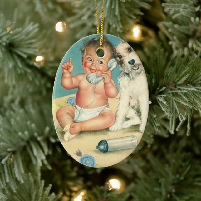 Vintage Cute Baby Talking on Phone Puppy Dog Ceramic Tree Decoration (Tree)