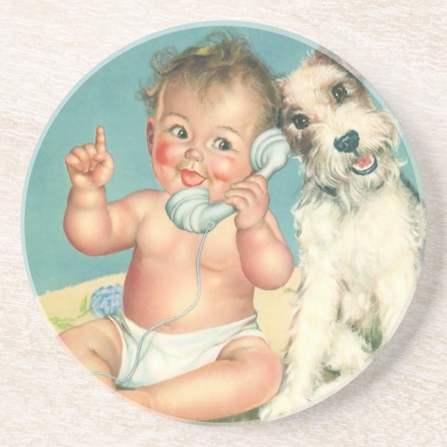 Vintage Cute Baby Talking on Phone Puppy Dog Coaster (Front)