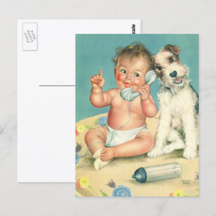 Vintage Cute Baby Talking on Phone Puppy Dog Postcard