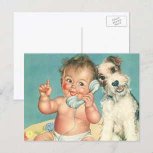 Vintage Cute Baby Talking on Phone Puppy Dog Postcard