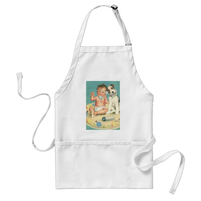 Vintage Cute Baby Talking on Phone Puppy Dog Standard Apron (Front)